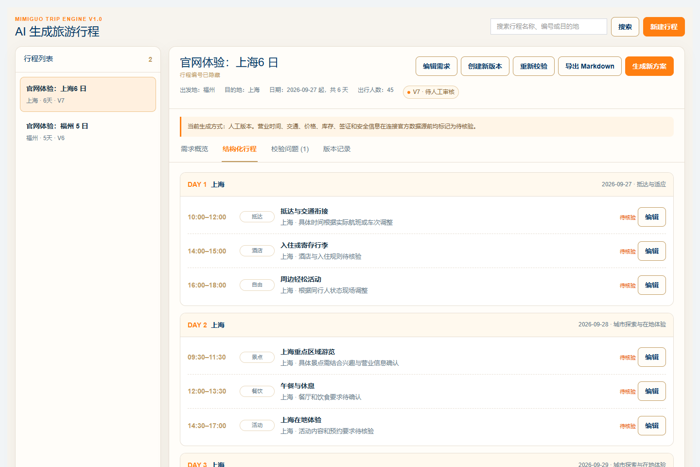 AI 旅游行程生成已开发系统操作界面，业务数据已隐藏